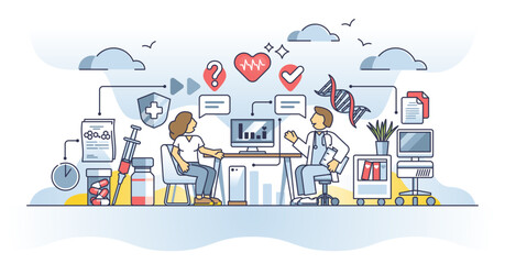 Health literacy as explained disease, diagnosis and treatment outline concept, transparent background. Patient knowledge and education about healthcare and answers to unclear questions illustration.