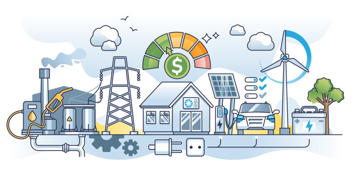 Energy cost and expensive household electricity production outline concept, transparent background. Replace fossil fuel burning with effective alternative and sustainable sources usage.