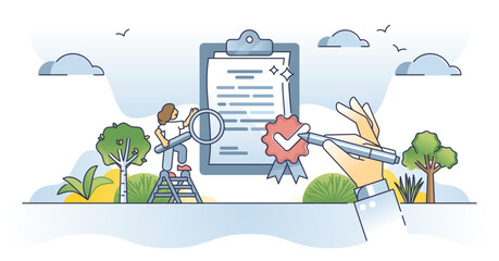 Quality control and service or product standard test approval outline concept, transparent background. Verification or safety evaluation to get perfect rate validation document illustration.