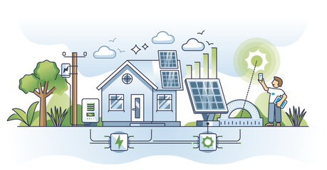 Naklejka premium Solar power technology and innovation for effective energy outline concept, transparent background.Smart panels system installation for precise sun angle illustration.