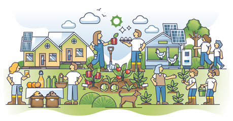 Self sufficient community with local organic food growing outline concept, transparent background. Ecological, sustainable lifestyle.