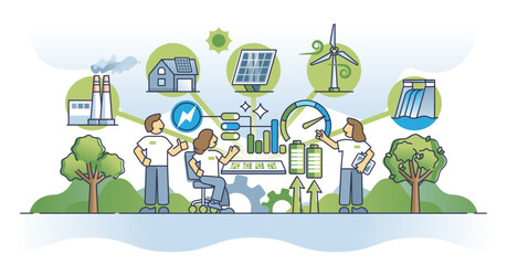 Smart grid station with renewable and green electricity power outline concept, transparent background. Distributed network with solar panels, wind turbines or hydro power units illustration.