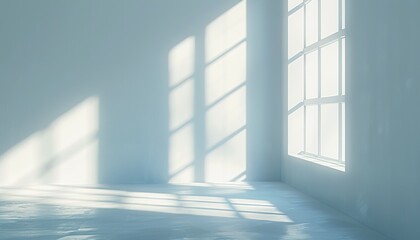 Obraz premium Empty Room with White Wall, Sunlight Casting Shadows through Window, Space Concept, Banner with Copy Space