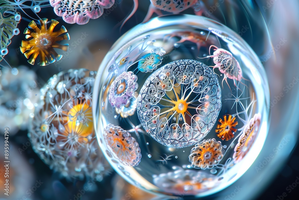 Poster close-up of intricate, colorful mandala-like patterns inside a transparent sphere, showcasing artist