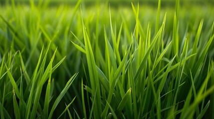 Obraz premium A low-angle close-up of rice plants growing in the field, showing the vibrant green leaves in detail.