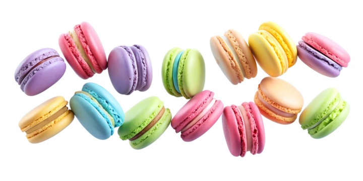 Multi colored flying macaroon of different flavors are cut out on a transparent background. French macarons floating isolated. Dessert made from mandala flour. Pastel colors.