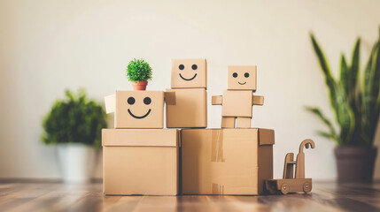 Cardboard Boxes with Happy Faces and Small Plant on Wooden Floor