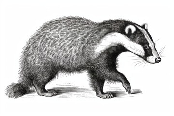 Fototapeta premium Black and white Vintage engraved art of a badger isolated on white background, ink sketch illustration, simple vector art design, highly detailed line art, high contrasty 