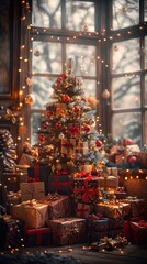 Christmas tree with presents around it in a room