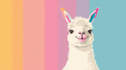 Fototapeta premium Colorful cartoon llama smiling with vibrant background stripes representing joy and playfulness.