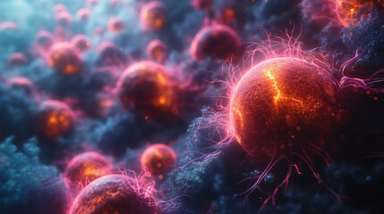 Molecular structure of cancer cells under microscope, realistic macro indoor part of body.
