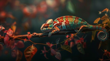 Obraz premium Vibrant chameleon is resting on a branch, camouflaged against a backdrop of colorful foliage.