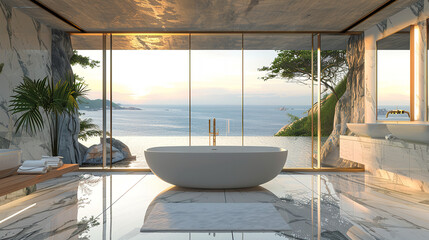 Fototapeta premium luxurious resort bathroom, open-air with a roof, situated on the edge of a cliff surrounded by the ocean