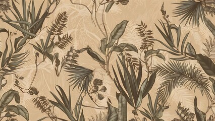 Fototapeta premium Abstract foliage botanical background. beige wallpaper of tropical plants, leaf branches, palm leaves, line art. Foliage design for banner, prints, decor, wall art, decoration