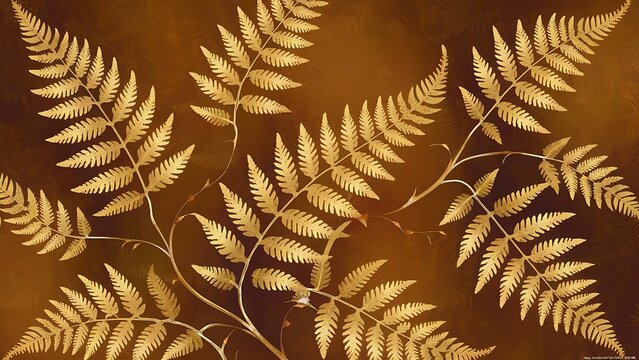 Background, wallpaper with golden fern leaves on a brown background. Graphics with a delicate plant motif