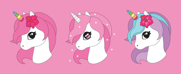 Cute cartoon character magic unicorn with rainbow horn, pink hair, flower. Vector illustration isolated on a pink background. For prints, design, posters, stickers, cards, decoration, kids clothes