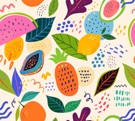 Seamless fresh summer pattern. Seamless pattern with fruits: watermelon, pineapple, lemon, leaves