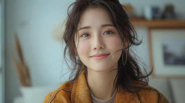 Frontal full body young woman, smile, fashion, hands hanging down, handsome, Korean real photo, white background, casual wear,