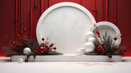 3D scene white podium and white ball with red background.