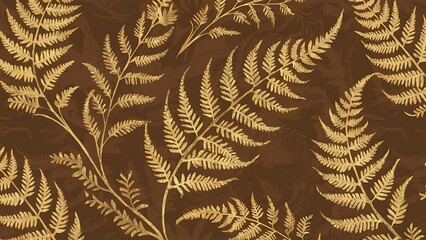 Background, wallpaper with golden fern leaves on a brown background. Graphics with a delicate plant motif