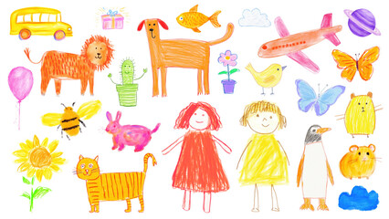 PNG kid drawings in crayon set, transparent background