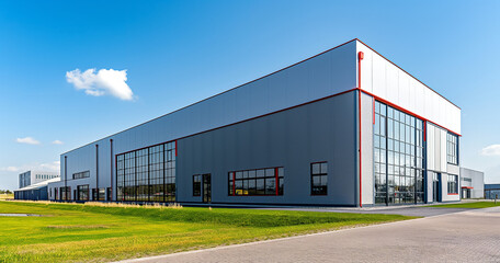 Fototapeta premium Exterior of a gray industrial warehouse dock station with white walls and red edges, surrounded by green grass. Commercial storehouse building, business unit, cargo factory, distribution, logistic bus