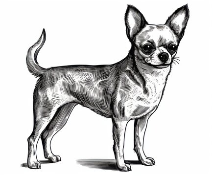 recommend clip art: Black and white Vintage engraved art of a Chihuahua isolated on white background, ink sketch illustration, simple vector art design, highly detailed line art, high contrasty 