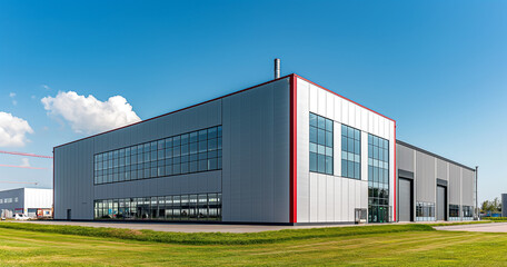 Exterior of a gray industrial warehouse dock station with white walls and red edges, surrounded by green grass. Commercial storehouse building, business unit, cargo factory, distribution, logistic bus