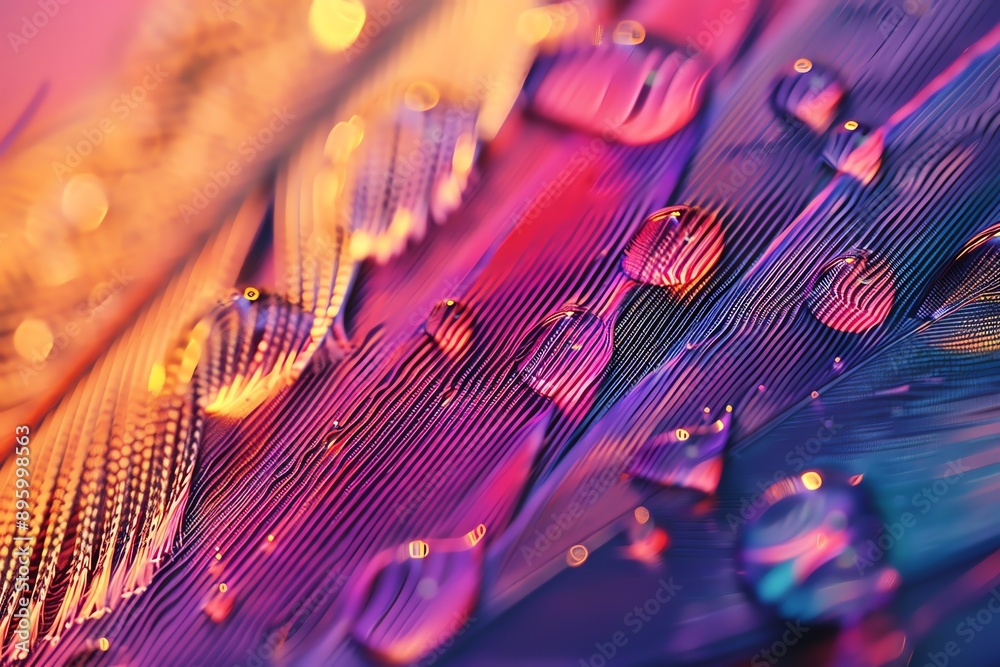 Poster close-up of vibrant feather with water droplets, showcasing a beautiful blend of colors and textures