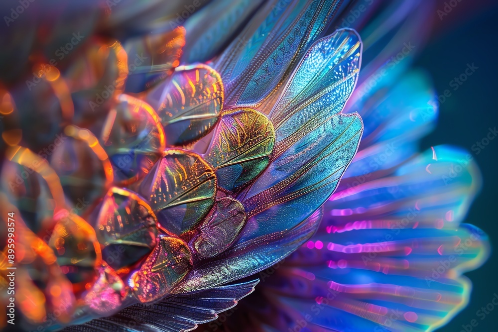 Poster Close-up of vibrant, iridescent object with detailed patterns and colorful lighting. Abstract and captivating artwork with a futuristic feel.