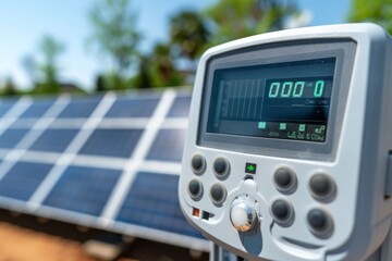 A close-up of a solar power monitor displaying data against a backdrop of solar panels and lush greenery.