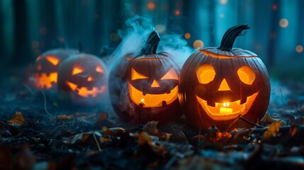 Halloween pumpkins in the forest at night.Halloween background with Evil Pumpkin. Spooky scary dark Night forrest. Holiday event halloween banner background concept