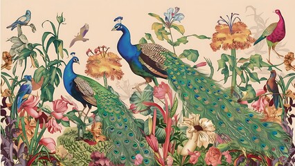 Classic Handdrawna and Hand Painted Retro Vintage Style Fine Art canvas for wallpaper and background with Colorful Peacocks, birds, Flowers and plants, Nature-inspired and floral botanical, ornamental