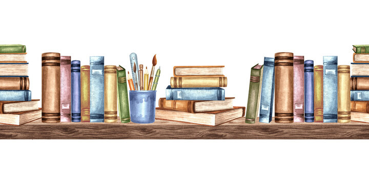 Book stacks and writing supplies on bookshelf. Seamless border with textbooks and stationery. Hand drawn watercolor illustration isolated. Knowledge for all. Template background for wallpaper, covers.