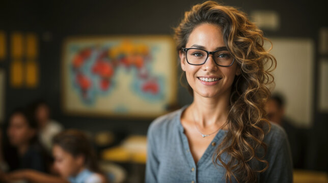 Smiling teacher with glasses and curly hair in a classroom with a map in the background.