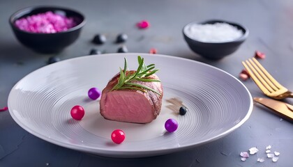 Cooked beef tenderloin in dish on  table 
