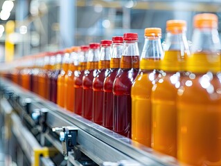 Bottles of juice on a conveyor belt in a factory