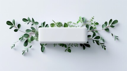 White air conditioner surrounded by green plants and leaves, bringing a touch of nature to a modern interior