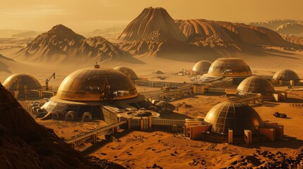 A futuristic habitat being constructed on Mars, with domed structures and pressurized modules for human habitation.