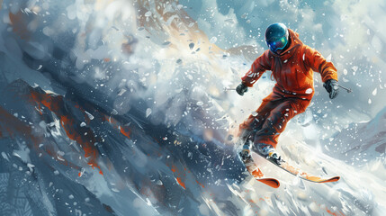 Young man snowboarder running down the slope in Alpine mountains. Winter sport and recreation, leisure outdoor activities. Snowboard Jump. Real snowboarder falls at offpiste ski slope. ski safety