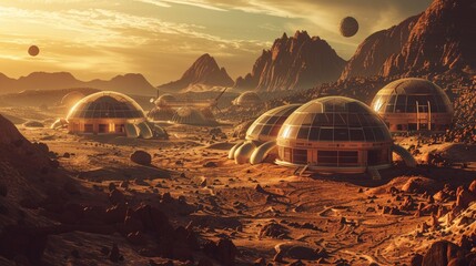 A futuristic habitat being constructed on Mars, with domed structures and pressurized modules for human habitation.