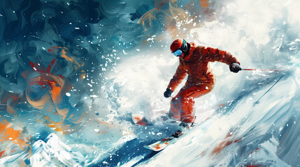 Young man snowboarder running down the slope in Alpine mountains. Winter sport and recreation, leisure outdoor activities. Snowboard Jump. Real snowboarder falls at offpiste ski slope. ski safety