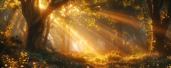 Enchanted forest illuminated by shafts of golden sunlight, 4K hyperrealistic photo