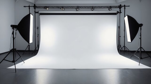 Room with infinite white background for photography and softbox, photography studio, world photography day.