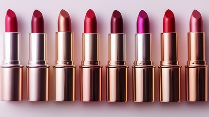 Obraz premium A range of lipsticks in various shades isolated on a white background, each with its cap removed