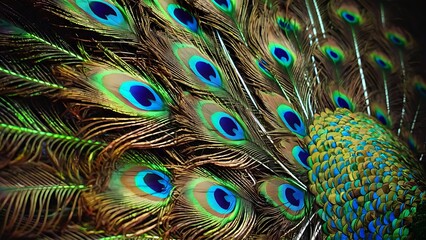 Obraz premium Colorful peacock feathers texture background, closeup, wallpaper