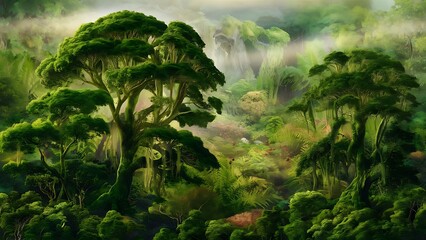 Fototapeta premium Lush green rain forest filled with an abundance of trees nature wallpaper 8K high resolution background