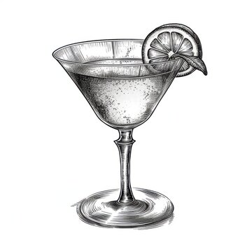 recommend clip art: Black and white Vintage engraved art of a Cosmopolitan isolated on white background, ink sketch illustration, simple vector art design, highly detailed line art, high contrasty