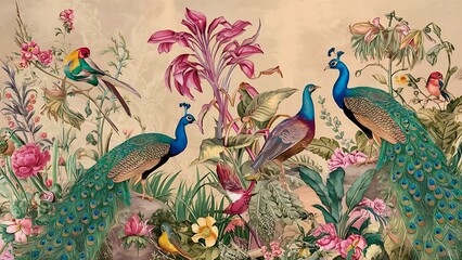 Classic Handdrawna and Hand Painted Retro Vintage Style Fine Art canvas for wallpaper and background with Colorful Peacocks, birds, Flowers and plants, Nature-inspired and floral botanical, ornamental