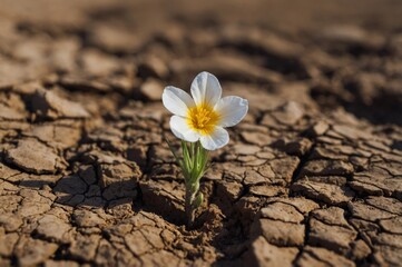 Beautiful flower in dry and cracked soil, concept of hope.
